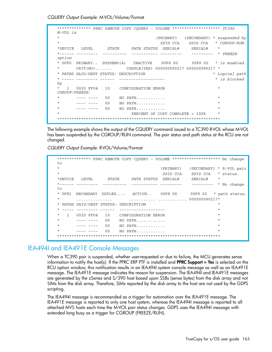 Iea494i and iea491e console messages, Iea494i and iea491e, Console messages | HP StorageWorks XP Remote Web Console Software User Manual | Page 163 / 208