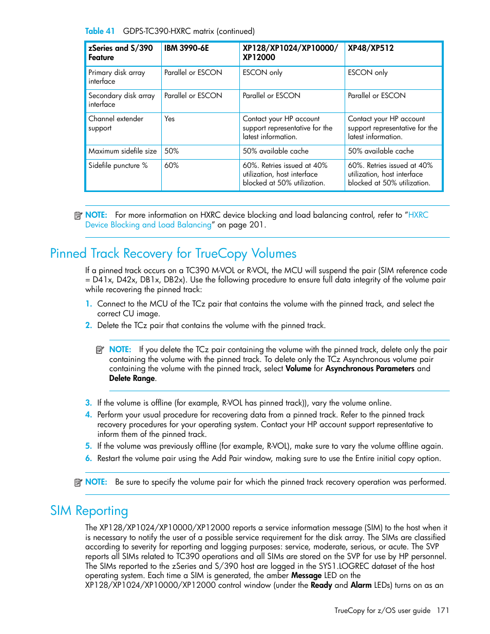 Pinned track recovery for truecopy volumes, Sim reporting, Pinned track recovery for | Truecopy volumes | HP StorageWorks XP Remote Web Console Software User Manual | Page 171 / 208