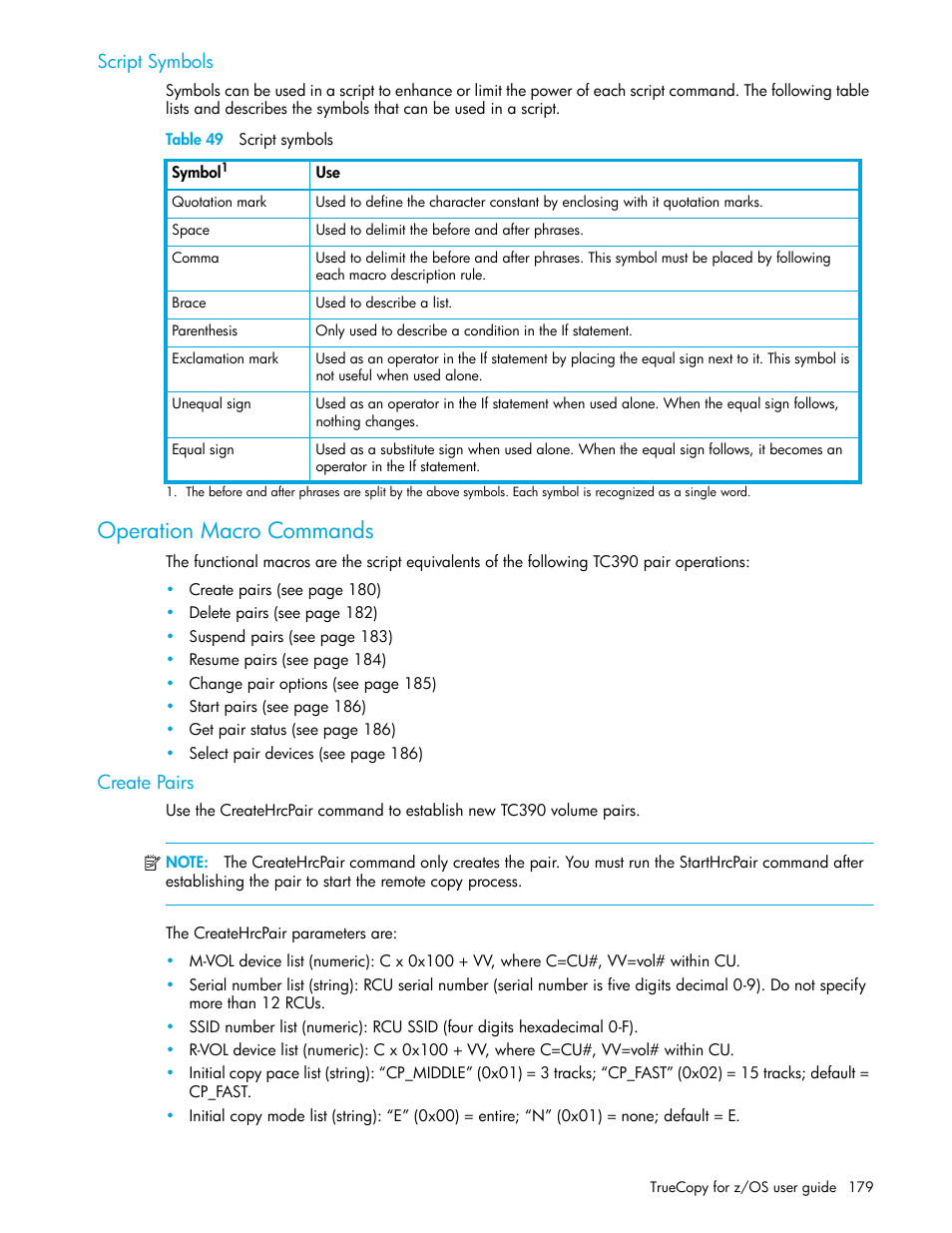 Script symbols, Table 49 script symbols, Operation macro commands | Create pairs, 49 script symbols | HP StorageWorks XP Remote Web Console Software User Manual | Page 179 / 208