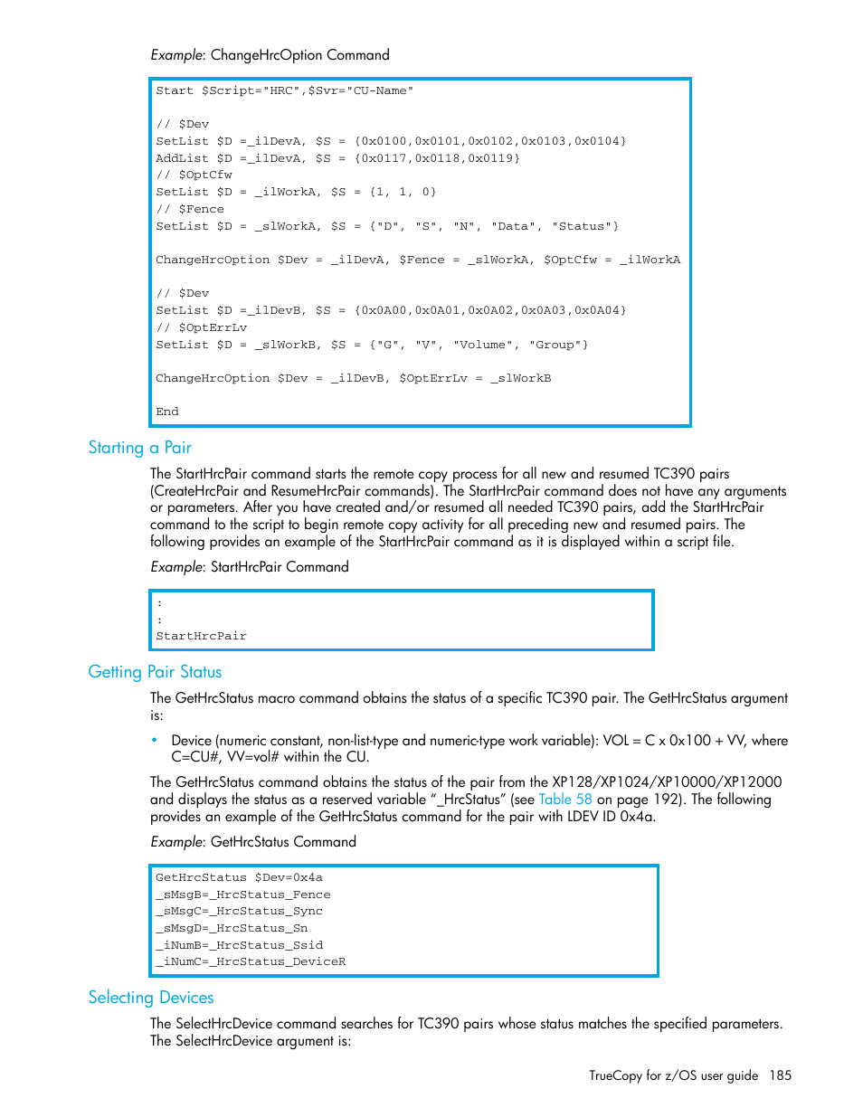 Starting a pair, Getting pair status, Selecting devices | HP StorageWorks XP Remote Web Console Software User Manual | Page 185 / 208