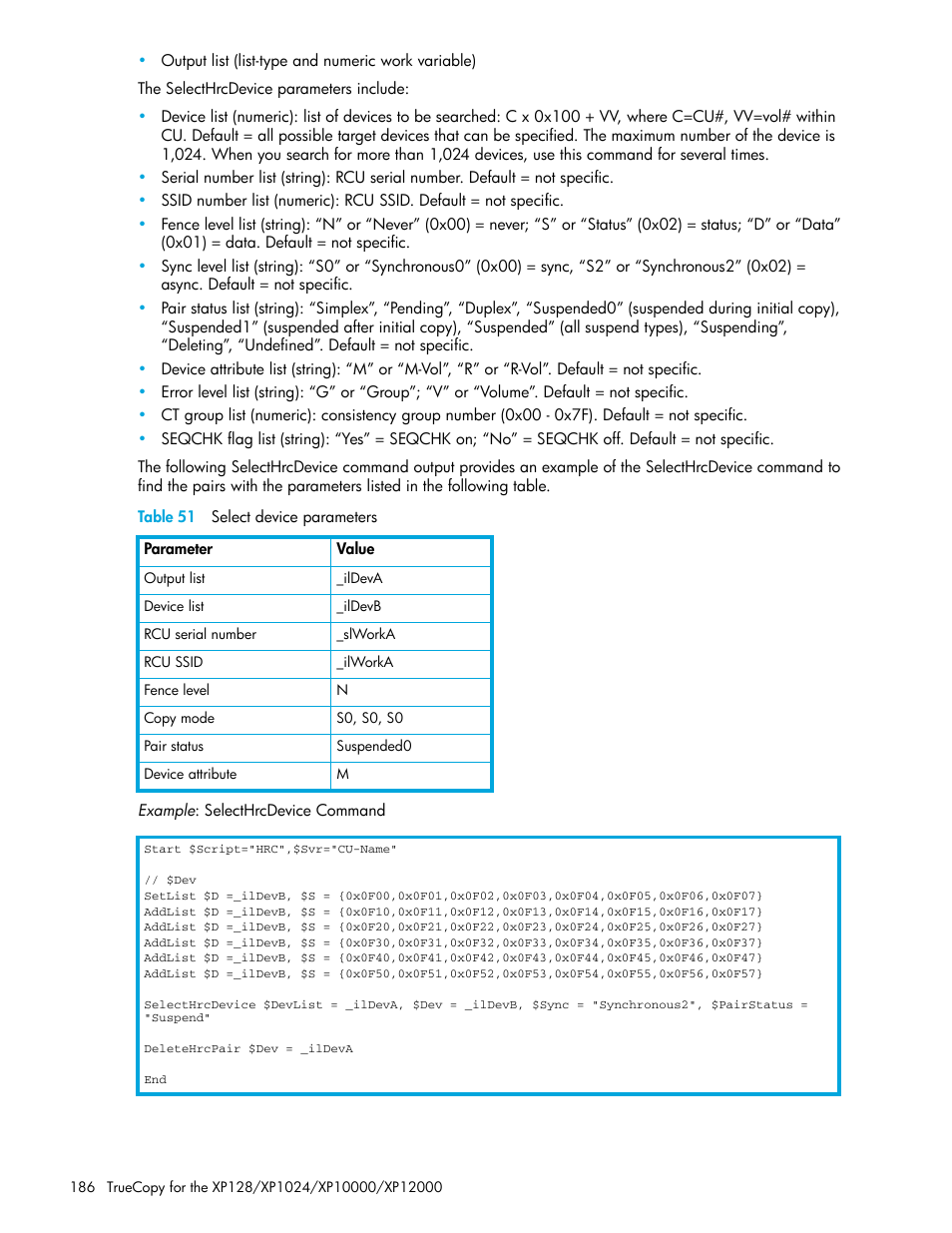 Table 51 select device parameters, 51 select device parameters | HP StorageWorks XP Remote Web Console Software User Manual | Page 186 / 208