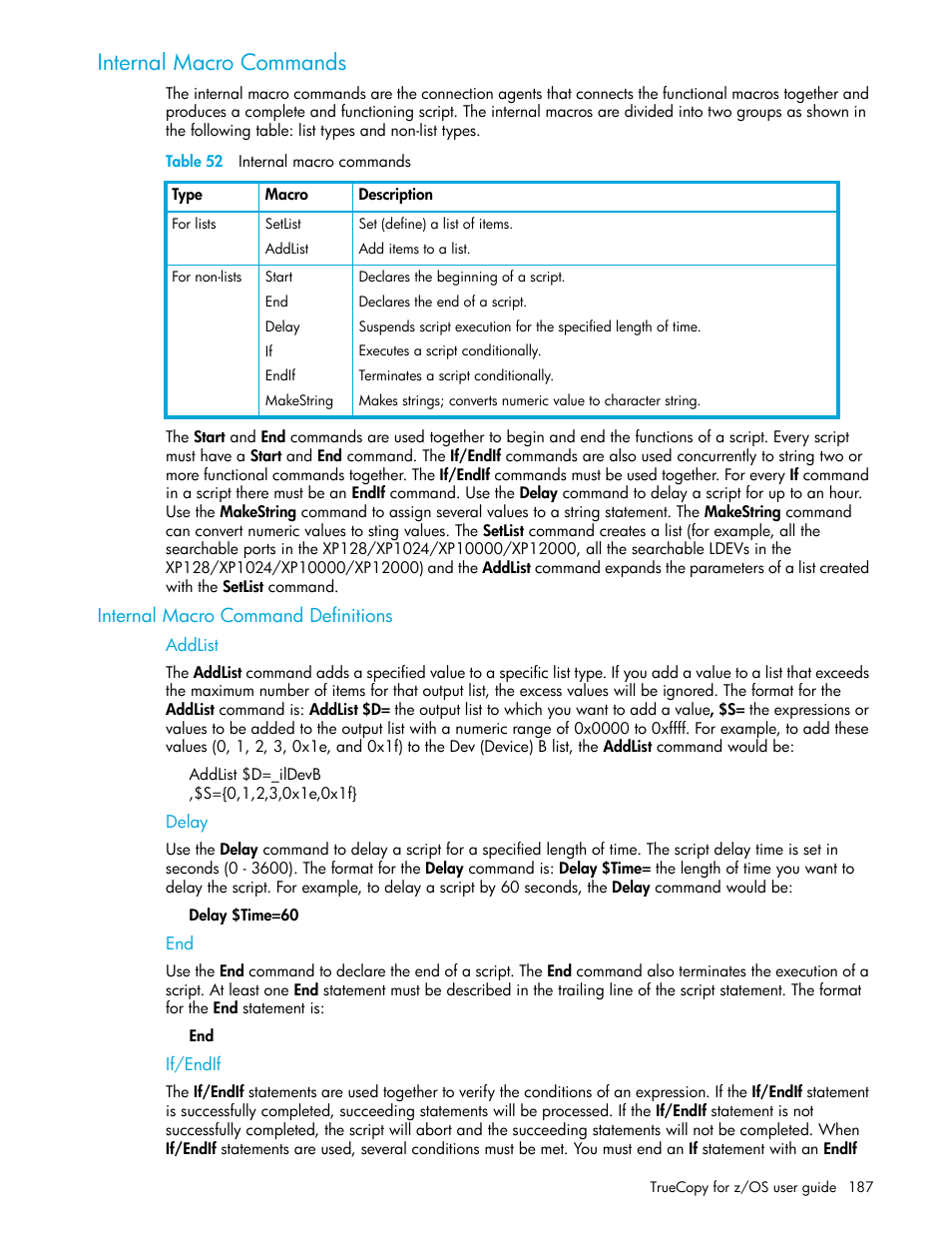 Internal macro commands, Table 52 internal macro commands, Internal macro command definitions | Addlist, Delay, If/endif, 52 internal macro commands, Internal macro, Commands | HP StorageWorks XP Remote Web Console Software User Manual | Page 187 / 208
