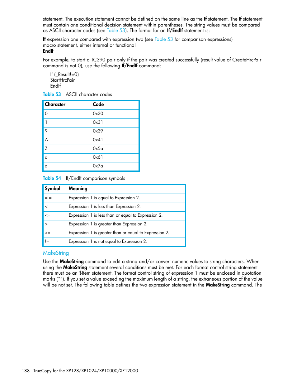 Table 53 ascii character codes, Table 54 if/endif comparison symbols, Makestring | 53 ascii character codes, 54 if/endif comparison symbols | HP StorageWorks XP Remote Web Console Software User Manual | Page 188 / 208