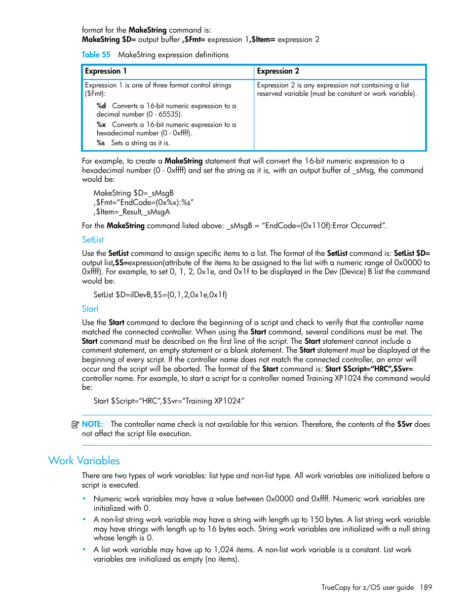 Table 55 makestring expression definitions, Setlist, Start | Work variables, 55 makestring expression definitions | HP StorageWorks XP Remote Web Console Software User Manual | Page 189 / 208