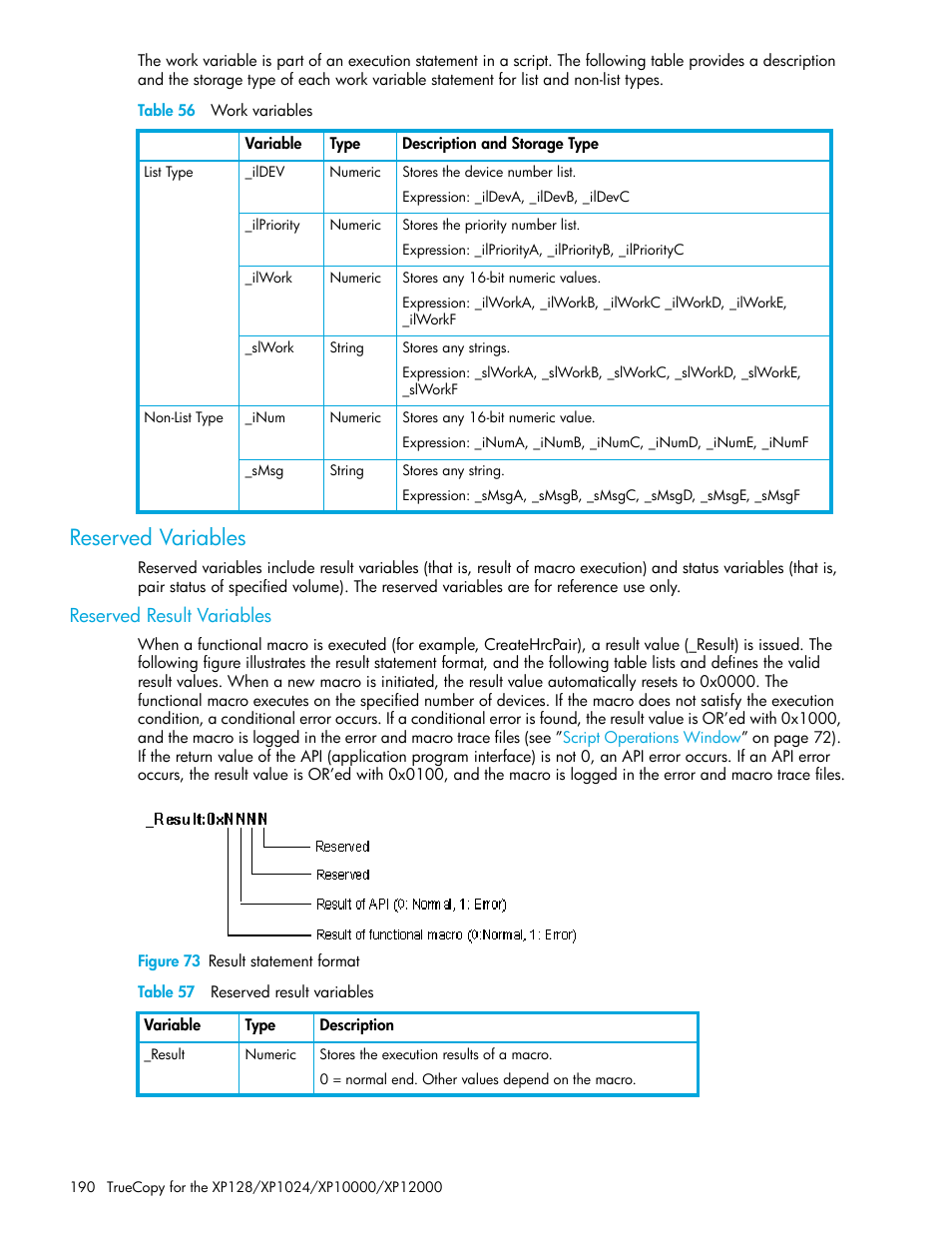 Table 56 work variables, Reserved variables, Reserved result variables | Figure 73 result statement format, Table 57 reserved result variables, 73 result statement format, 56 work variables, 57 reserved result variables | HP StorageWorks XP Remote Web Console Software User Manual | Page 190 / 208