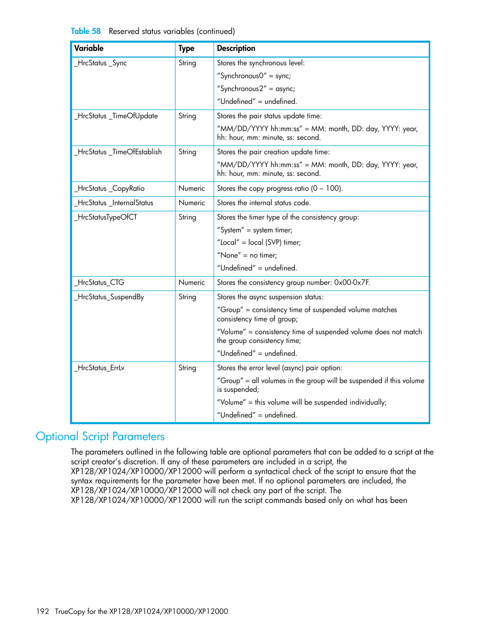 Optional script parameters | HP StorageWorks XP Remote Web Console Software User Manual | Page 192 / 208