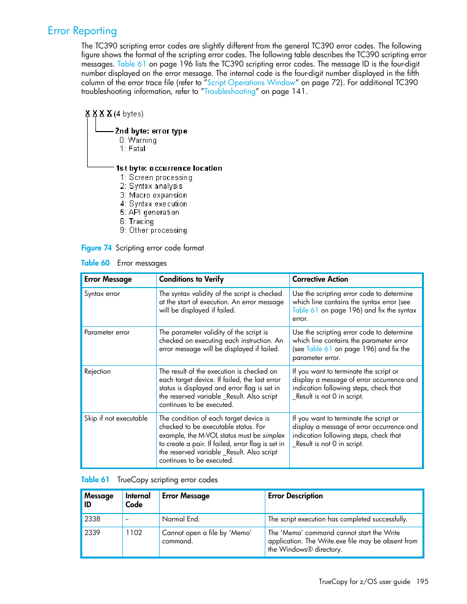 Error reporting, Figure 74 scripting error code format, Table 60 error messages | Table 61 truecopy scripting error codes, 74 scripting error code format, 60 error messages, 61 truecopy scripting error codes | HP StorageWorks XP Remote Web Console Software User Manual | Page 195 / 208