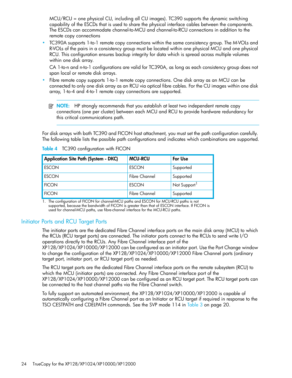 Table 4 tc390 configuration with ficon, Initiator ports and rcu target ports, 4 tc390 configuration with ficon | HP StorageWorks XP Remote Web Console Software User Manual | Page 24 / 208