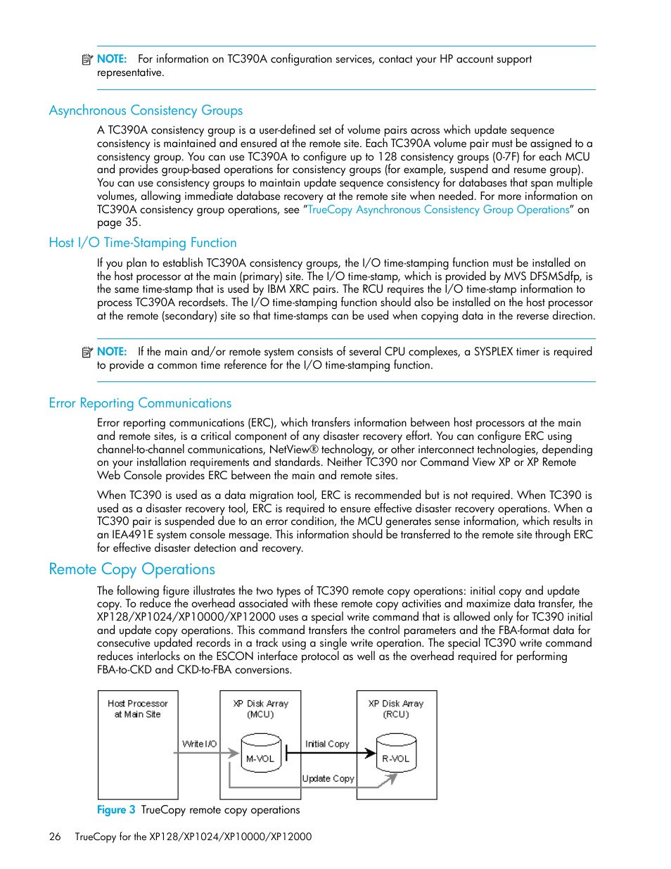 Asynchronous consistency groups, Host i/o time-stamping function, Error reporting communications | Remote copy operations, Figure 3 truecopy remote copy operations, 3 truecopy remote copy operations | HP StorageWorks XP Remote Web Console Software User Manual | Page 26 / 208