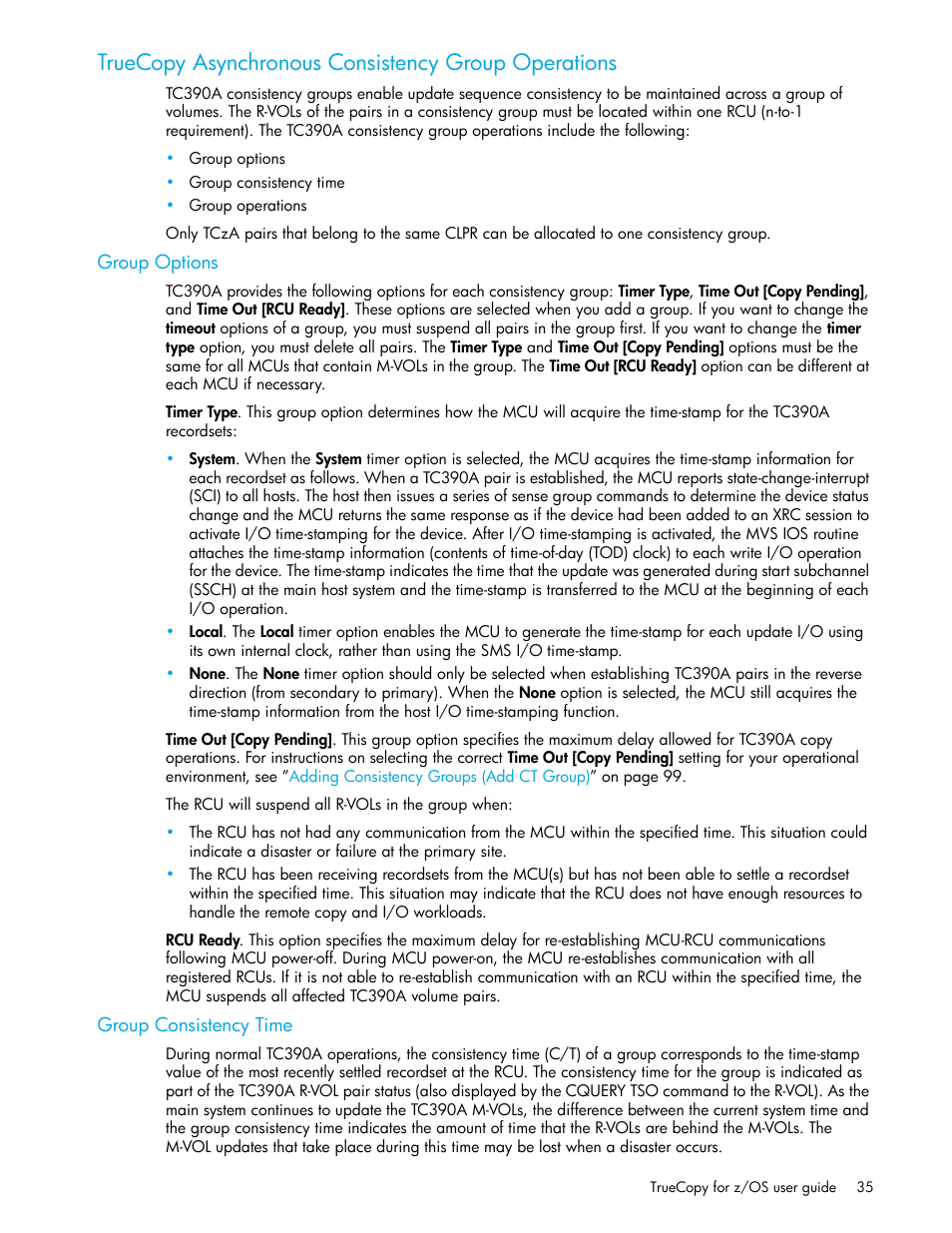 Truecopy asynchronous consistency group operations, Group options, Group consistency time | HP StorageWorks XP Remote Web Console Software User Manual | Page 35 / 208