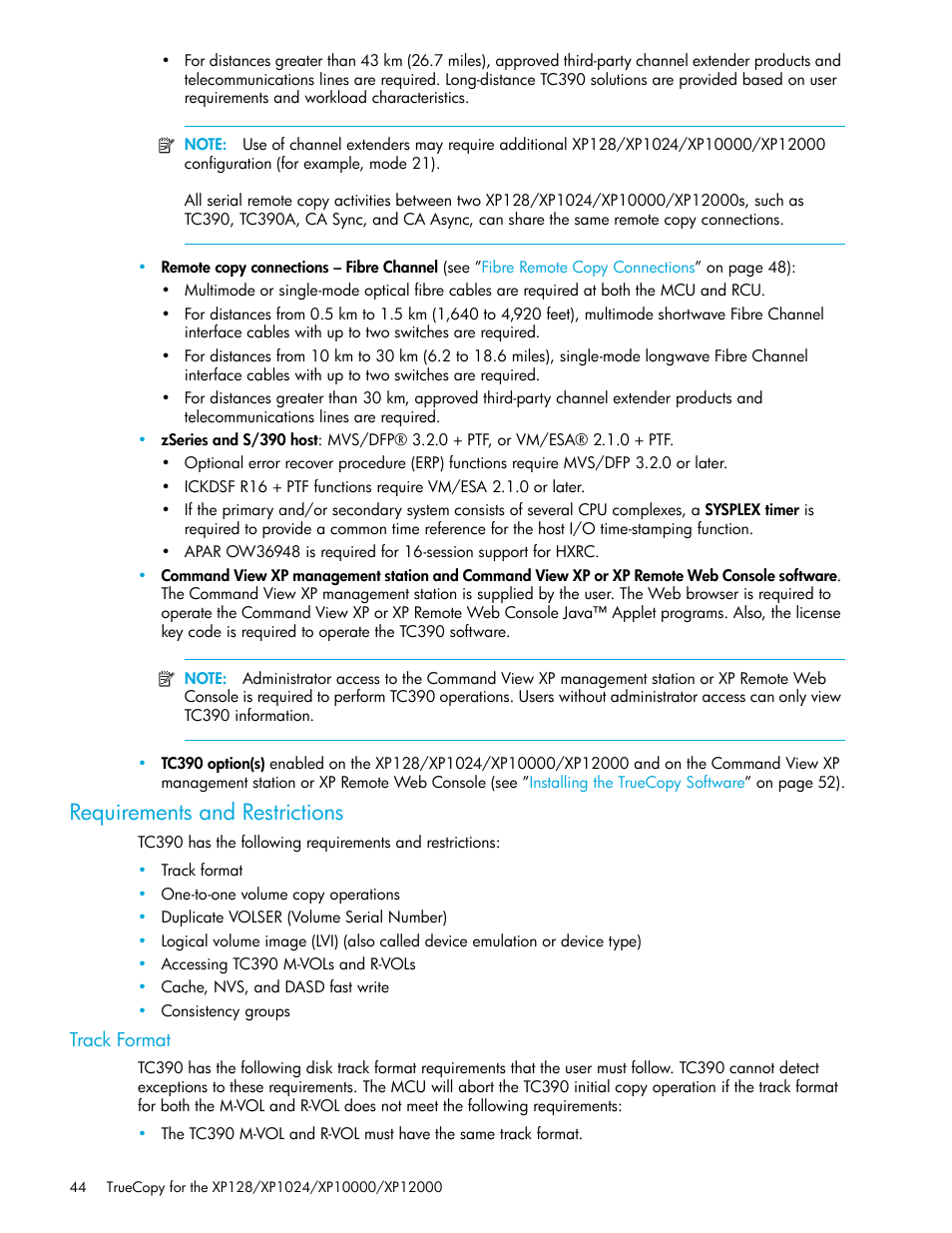 Requirements and restrictions, Track format | HP StorageWorks XP Remote Web Console Software User Manual | Page 44 / 208