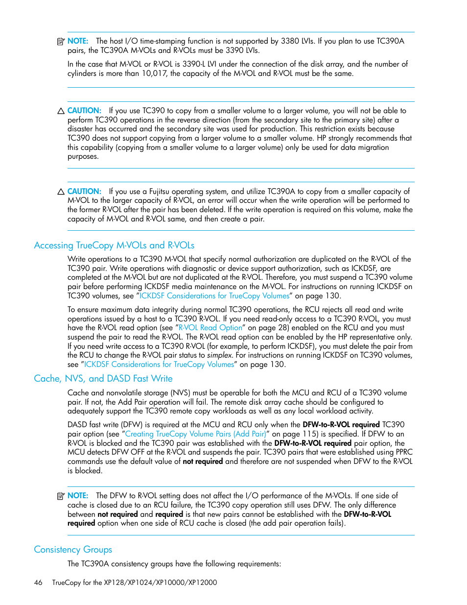 Accessing truecopy m-vols and r-vols, Cache, nvs, and dasd fast write, Consistency groups | HP StorageWorks XP Remote Web Console Software User Manual | Page 46 / 208