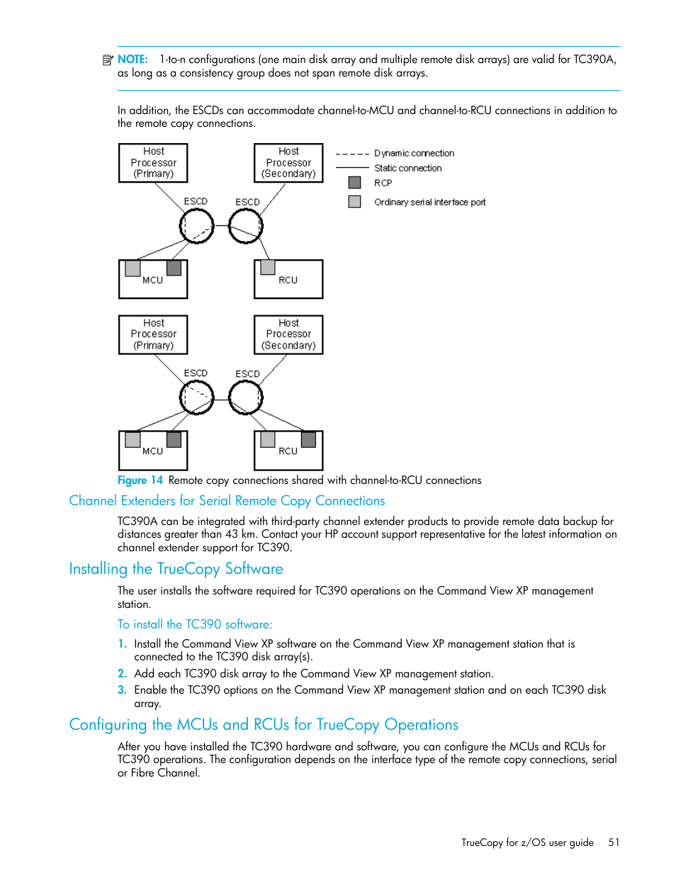 Installing the truecopy software, To install the tc390 software, Channel extenders for | Serial remote copy connections | HP StorageWorks XP Remote Web Console Software User Manual | Page 51 / 208