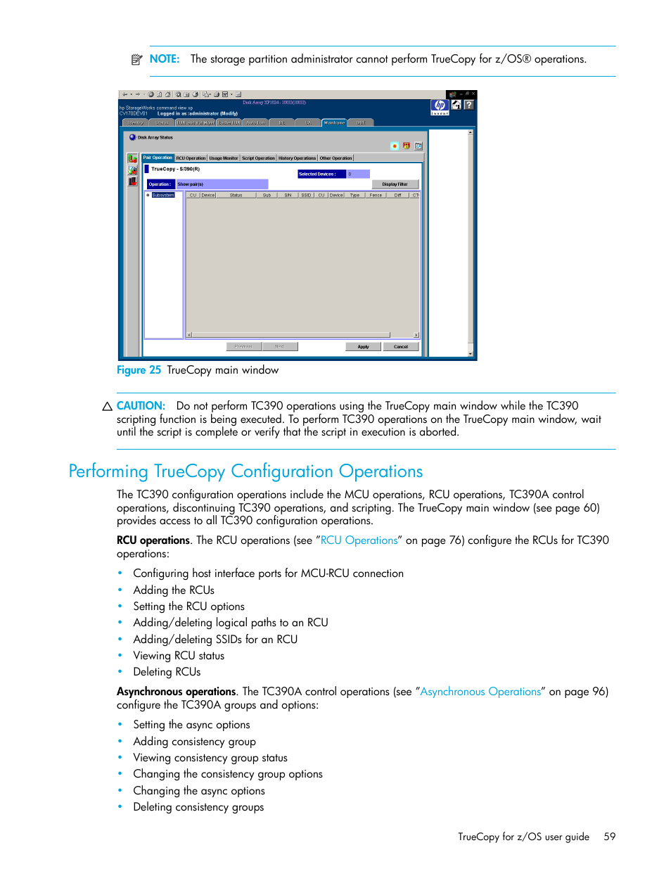 Figure 25 truecopy main window, Performing truecopy configuration operations, 25 truecopy main window | HP StorageWorks XP Remote Web Console Software User Manual | Page 59 / 208