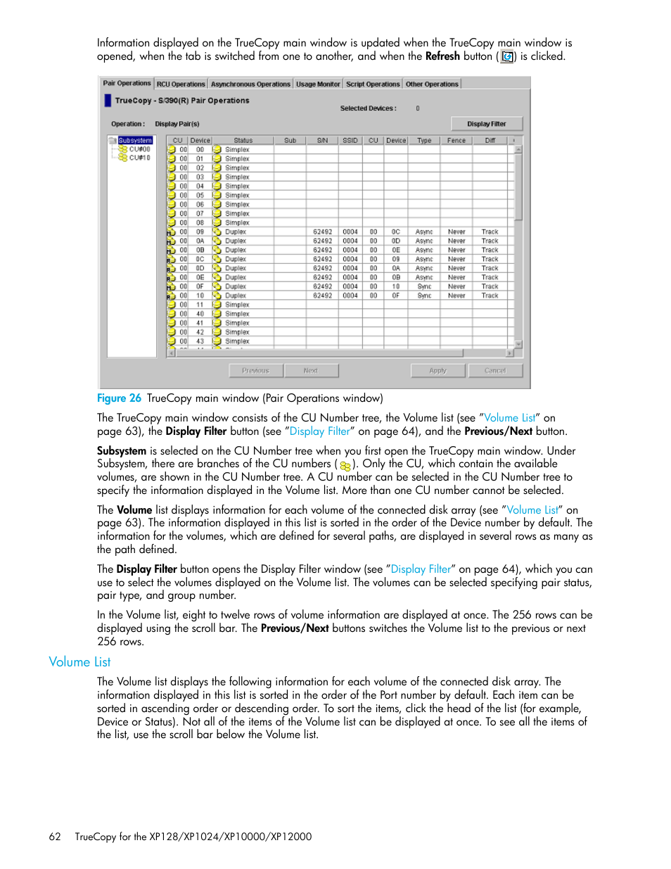 Volume list, 26 truecopy main window (pair operations window) | HP StorageWorks XP Remote Web Console Software User Manual | Page 62 / 208