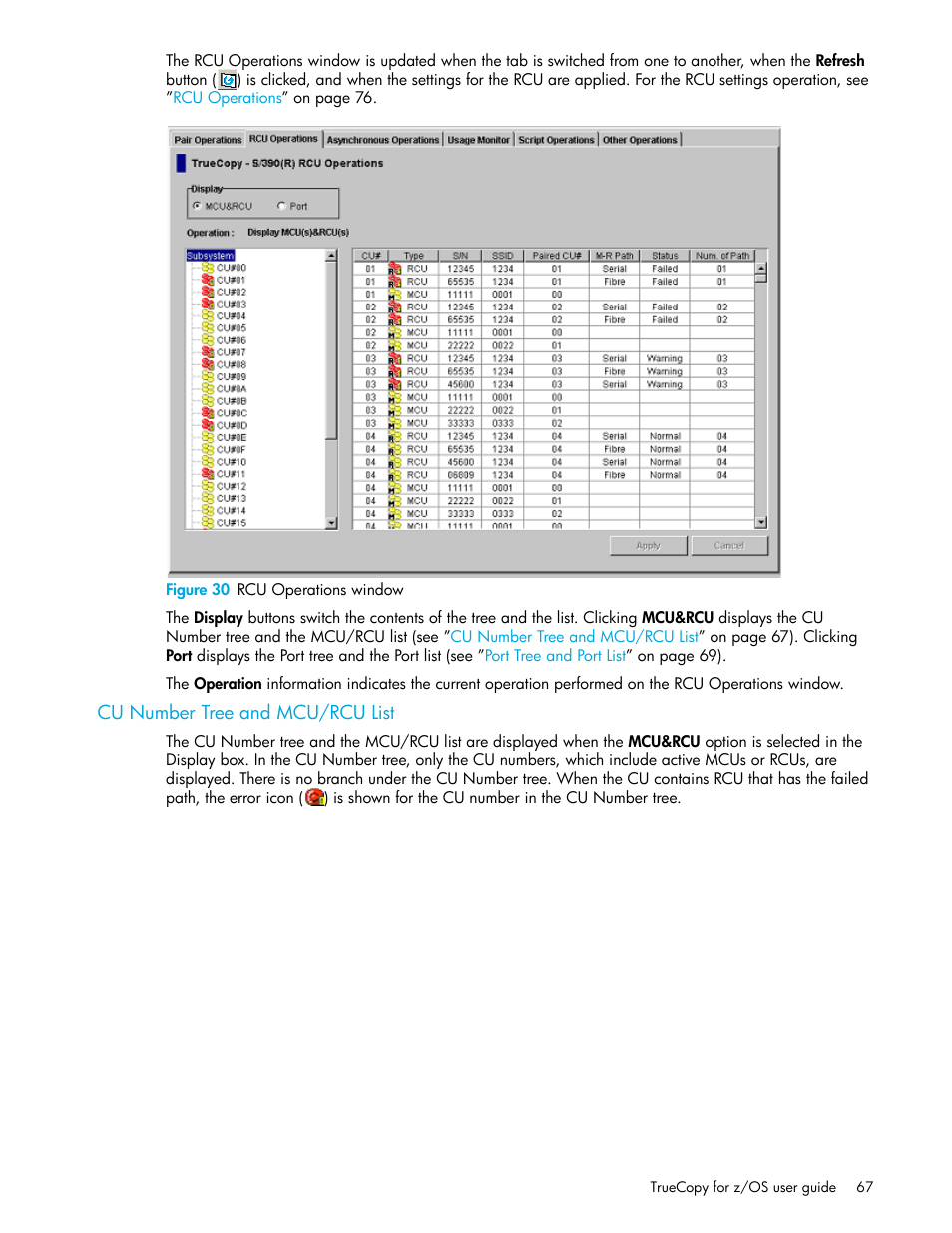 Figure 30 rcu operations window, Cu number tree and mcu/rcu list, 30 rcu operations window | HP StorageWorks XP Remote Web Console Software User Manual | Page 67 / 208