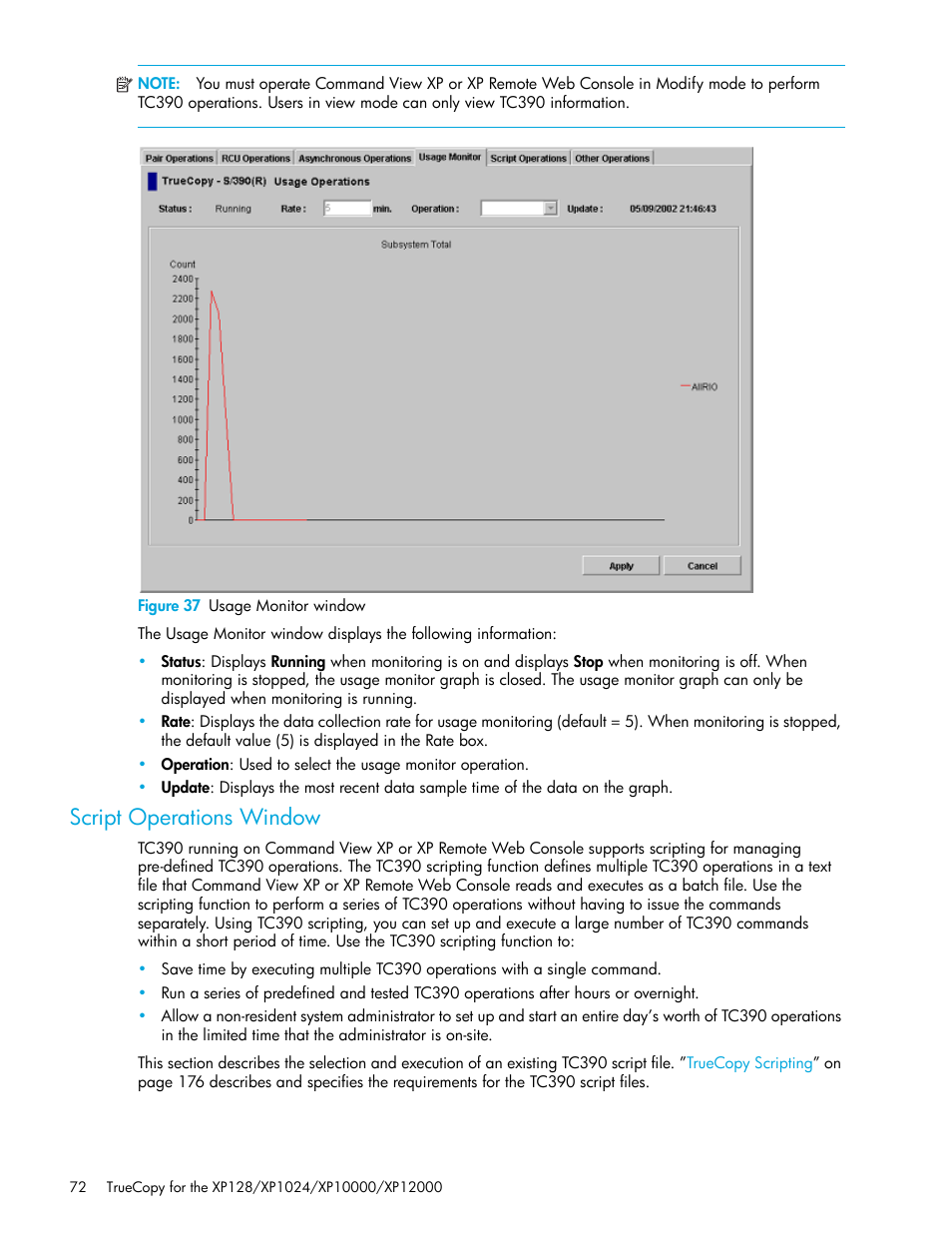 Figure 37 usage monitor window, Script operations window, 37 usage monitor window | HP StorageWorks XP Remote Web Console Software User Manual | Page 72 / 208