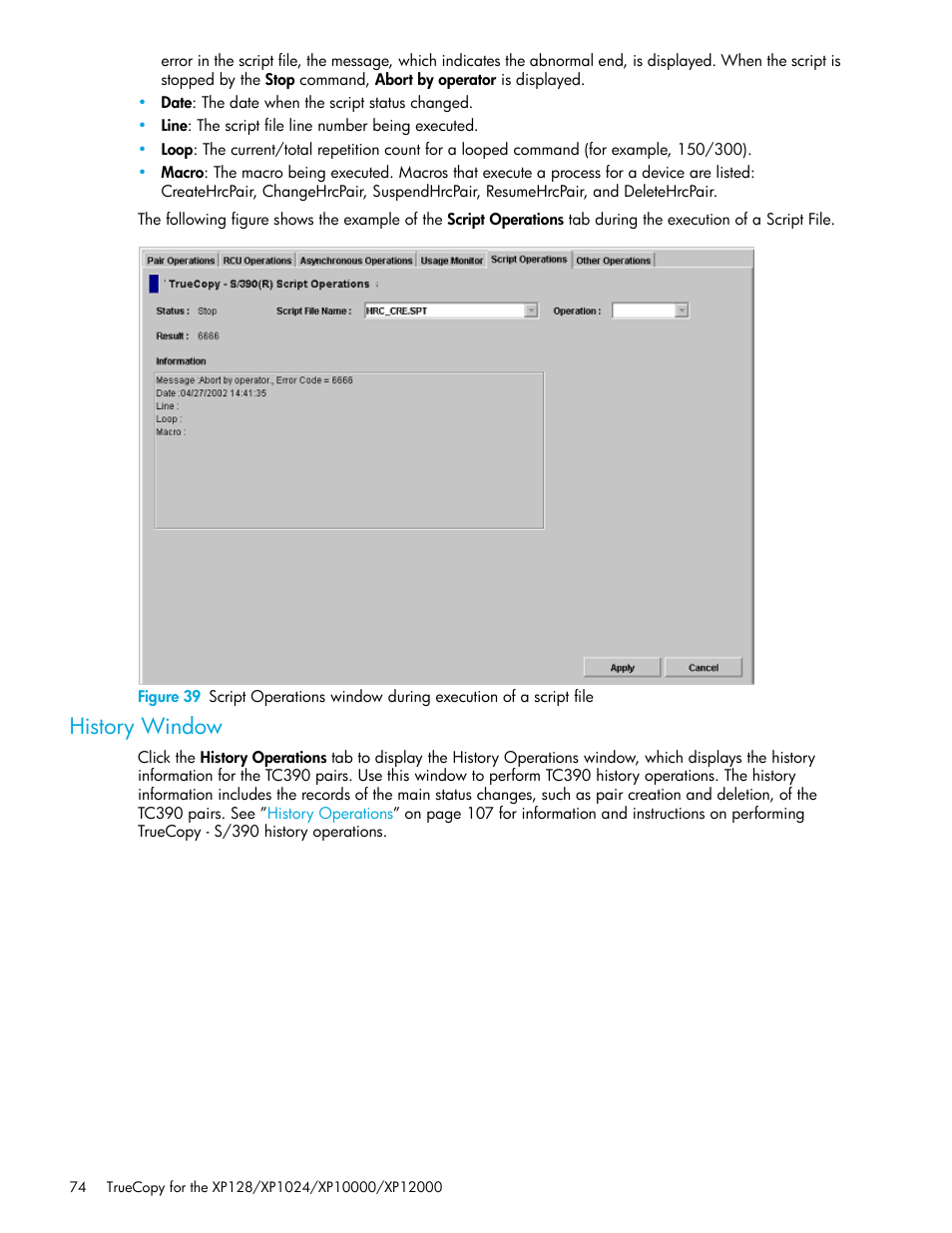 History window | HP StorageWorks XP Remote Web Console Software User Manual | Page 74 / 208