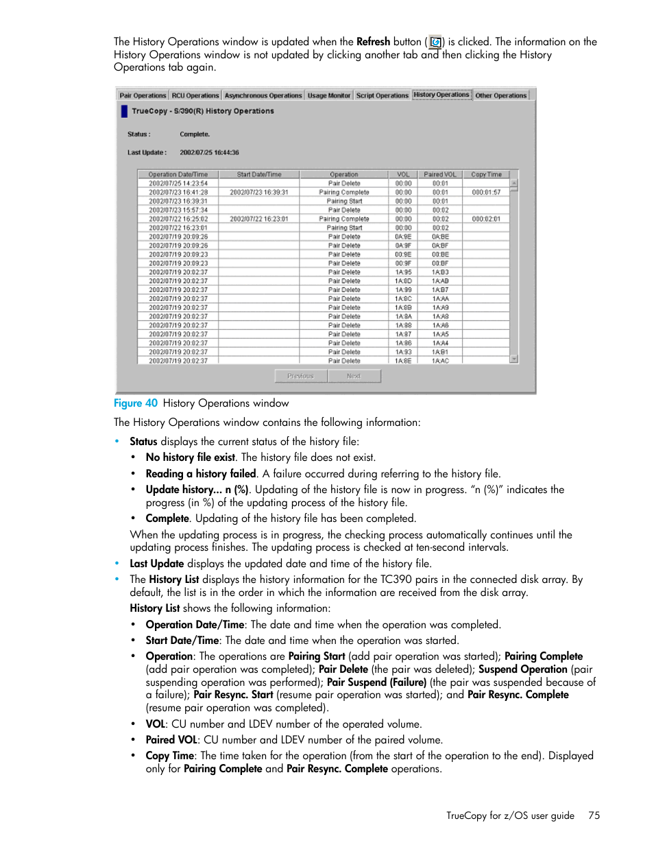 Figure 40 history operations window, 40 history operations window | HP StorageWorks XP Remote Web Console Software User Manual | Page 75 / 208
