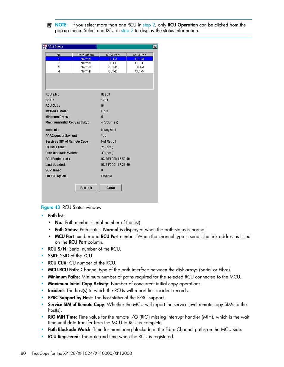 Figure 43 rcu status window, 43 rcu status window | HP StorageWorks XP Remote Web Console Software User Manual | Page 80 / 208