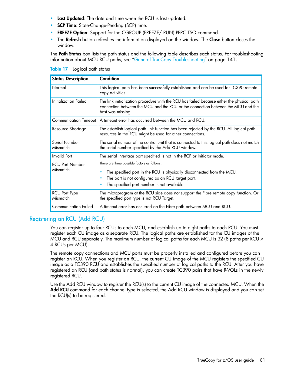 Table 17 logical path status, Registering an rcu (add rcu), 17 logical path status | Registering an rcu, Add rcu) | HP StorageWorks XP Remote Web Console Software User Manual | Page 81 / 208