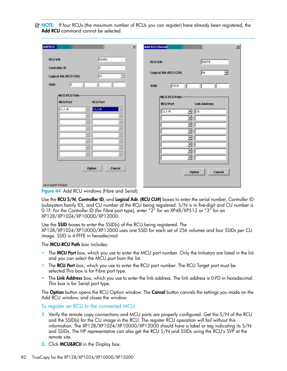 Figure 44 add rcu windows (fibre and serial), To register an rcu to the connected mcu, 44 add rcu windows (fibre and serial) | HP StorageWorks XP Remote Web Console Software User Manual | Page 82 / 208