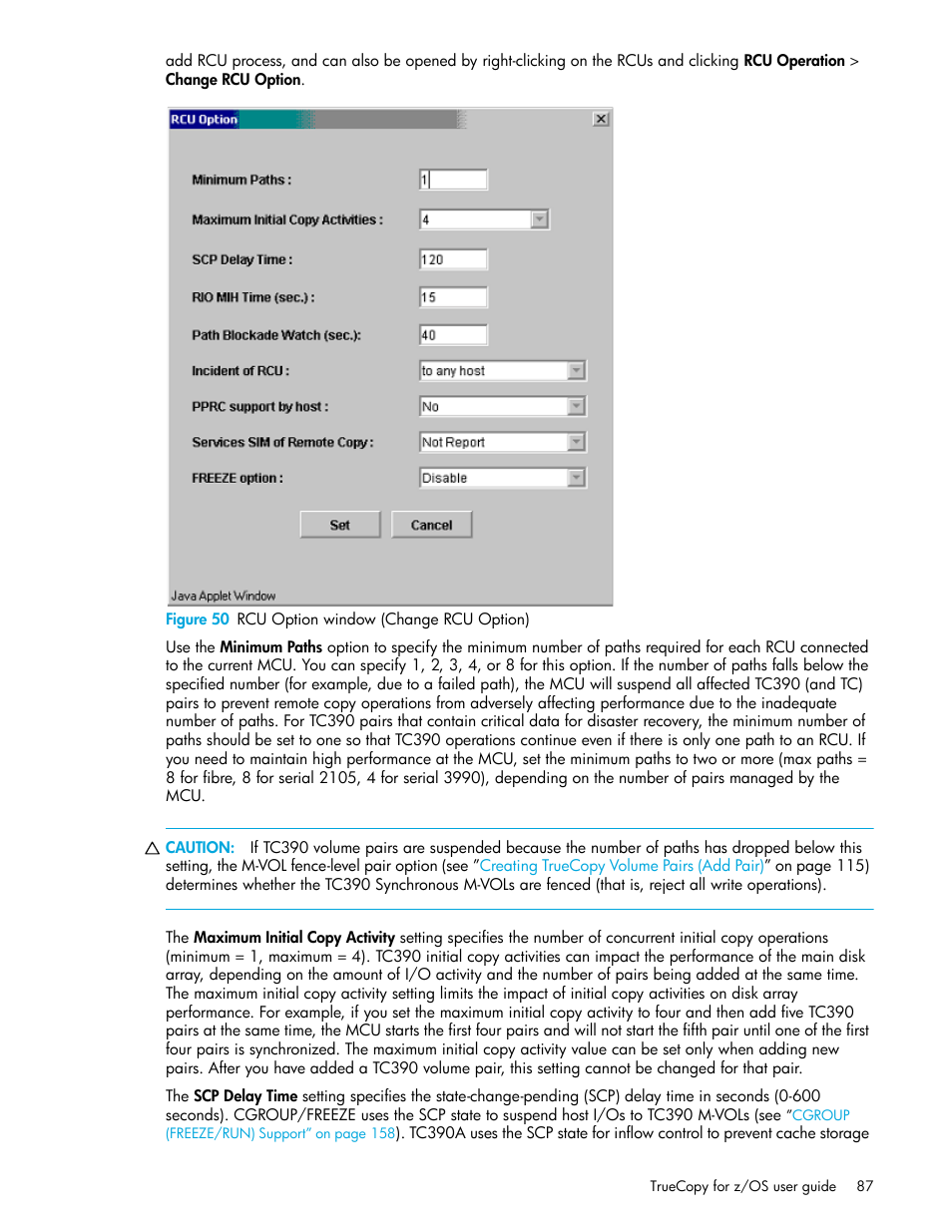 Figure 50 rcu option window (change rcu option), 50 rcu option window (change rcu option) | HP StorageWorks XP Remote Web Console Software User Manual | Page 87 / 208