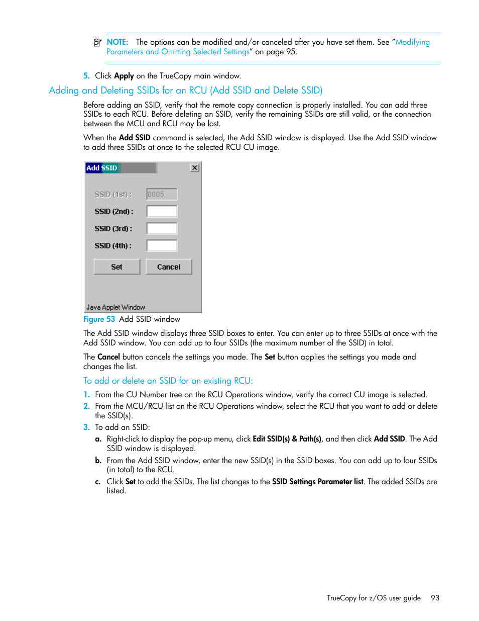 Figure 53 add ssid window, To add or delete an ssid for an existing rcu, 53 add ssid window | Adding, Adding and deleting ssids for an rcu (add, Ssid and delete ssid) | HP StorageWorks XP Remote Web Console Software User Manual | Page 93 / 208