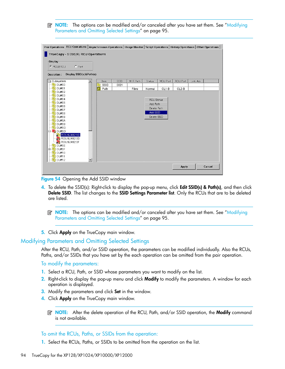 Figure 54 opening the add ssid window, To modify the parameters, 54 opening the add ssid window | Modifying, Parameters and omitting selected settings | HP StorageWorks XP Remote Web Console Software User Manual | Page 94 / 208