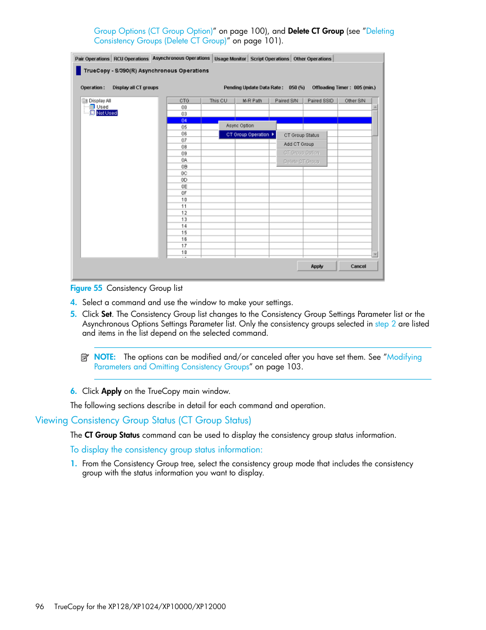 Figure 55 consistency group list, Viewing consistency group status (ct group status), 55 consistency group list | HP StorageWorks XP Remote Web Console Software User Manual | Page 96 / 208