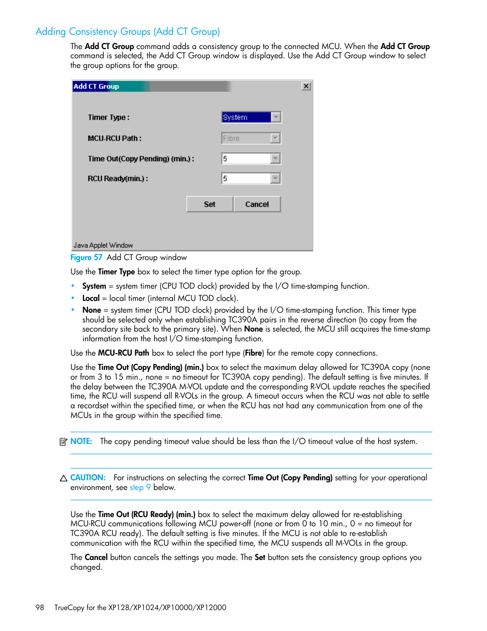 Adding consistency groups (add ct group), Figure 57 add ct group window, 57 add ct group window | Adding consistency groups, Add ct group), Adding, Consistency groups (add ct group), Adding consistency, Groups (add ct group) | HP StorageWorks XP Remote Web Console Software User Manual | Page 98 / 208
