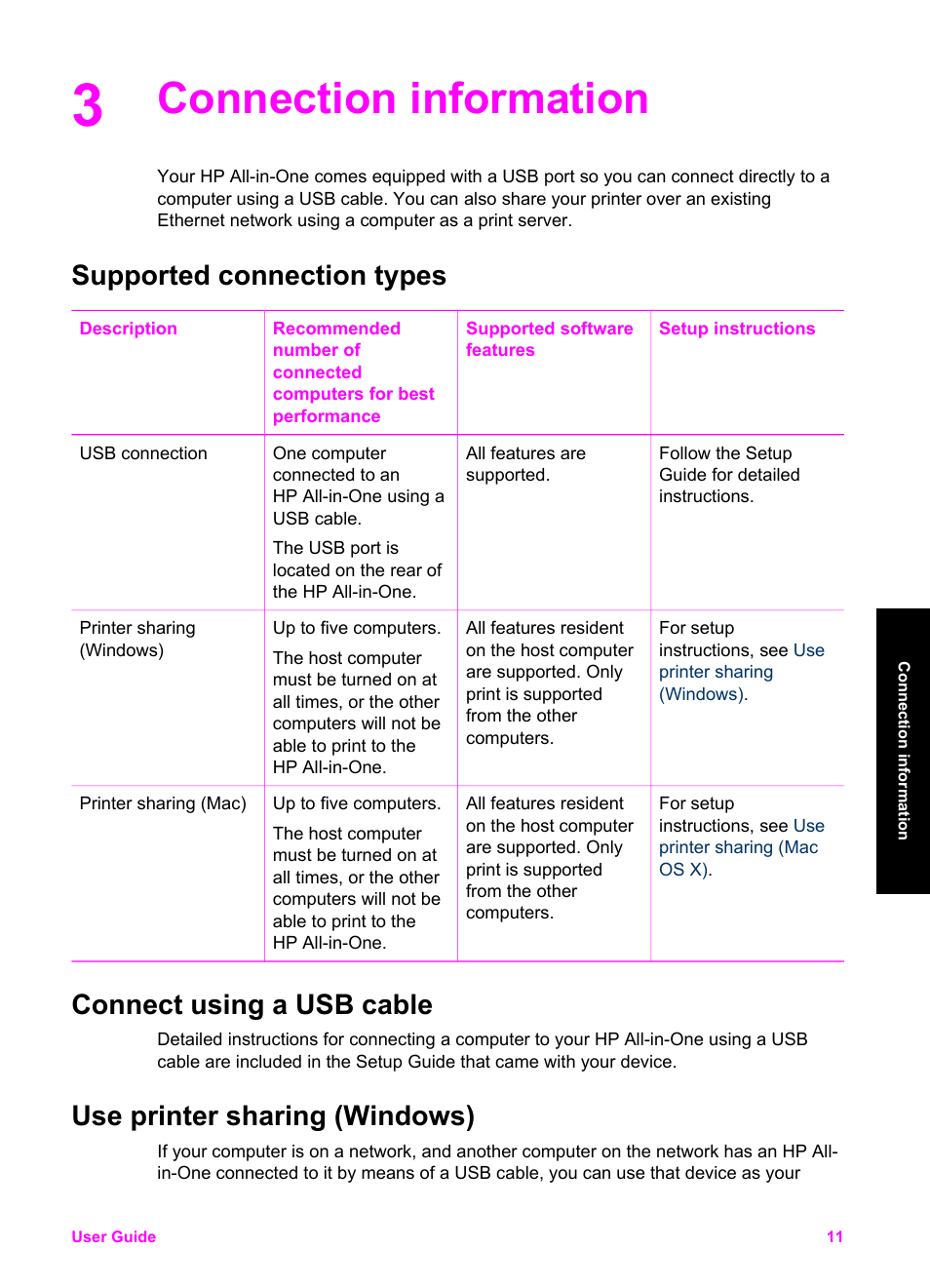 Connection information, Supported connection types, Connect using a usb cable | Use printer sharing (windows) | HP PSC 1510xi All-in-One Printer User Manual | Page 14 / 96