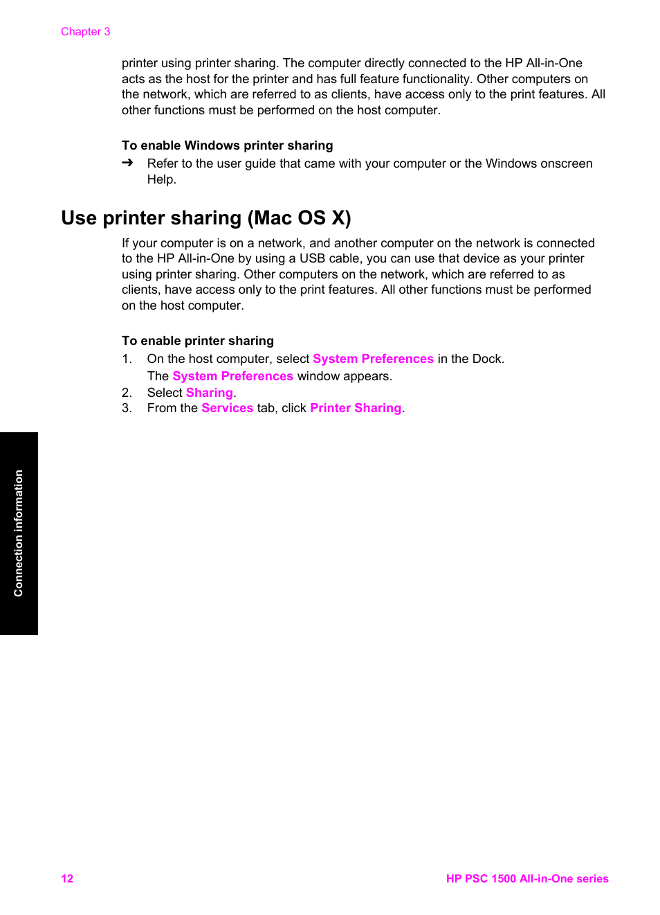 Use printer sharing (mac os x), Printer sharing (mac os x) | HP PSC 1510xi All-in-One Printer User Manual | Page 15 / 96