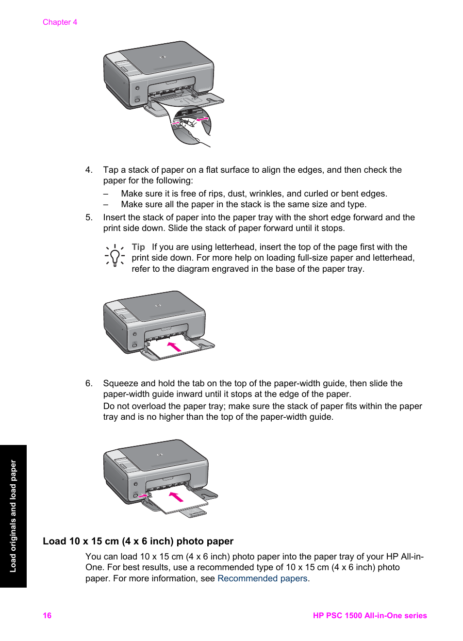 Load 10 x 15 cm (4 x 6 inch) photo paper | HP PSC 1510xi All-in-One Printer User Manual | Page 19 / 96