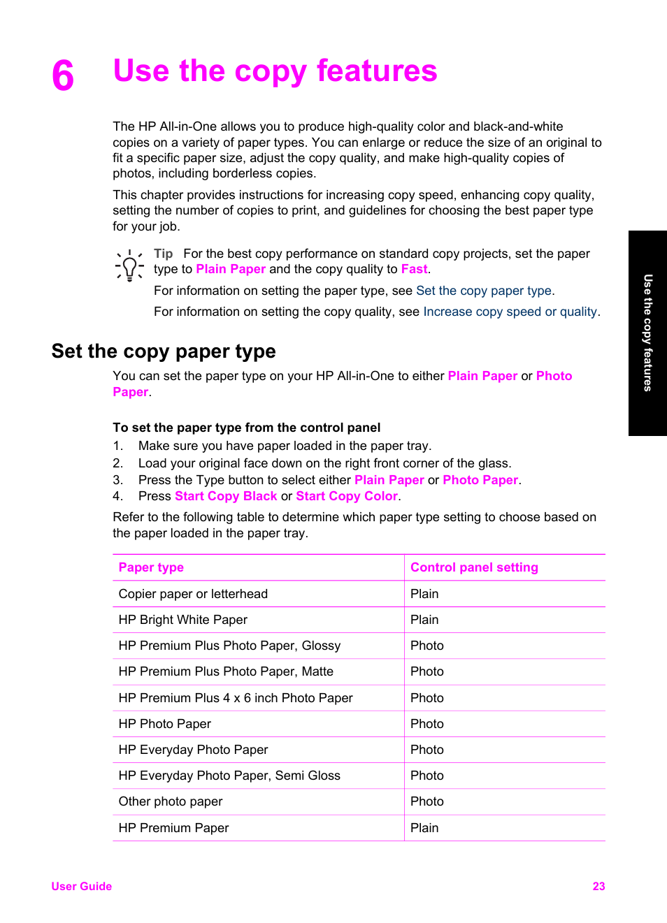 Use the copy features, Set the copy paper type | HP PSC 1510xi All-in-One Printer User Manual | Page 26 / 96