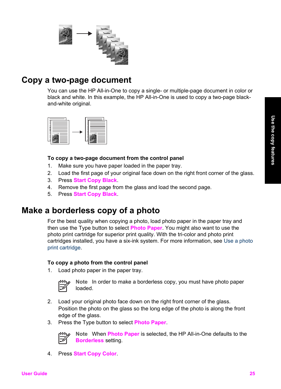 Make a borderless copy of a photo, Copy a two-page document | HP PSC 1510xi All-in-One Printer User Manual | Page 28 / 96