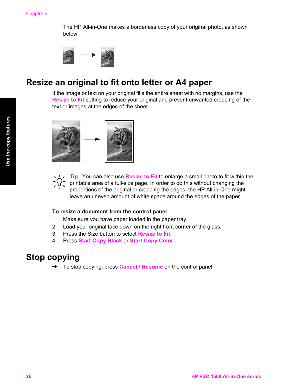 Resize an original to fit onto letter or a4 paper, Stop copying | HP PSC 1510xi All-in-One Printer User Manual | Page 29 / 96