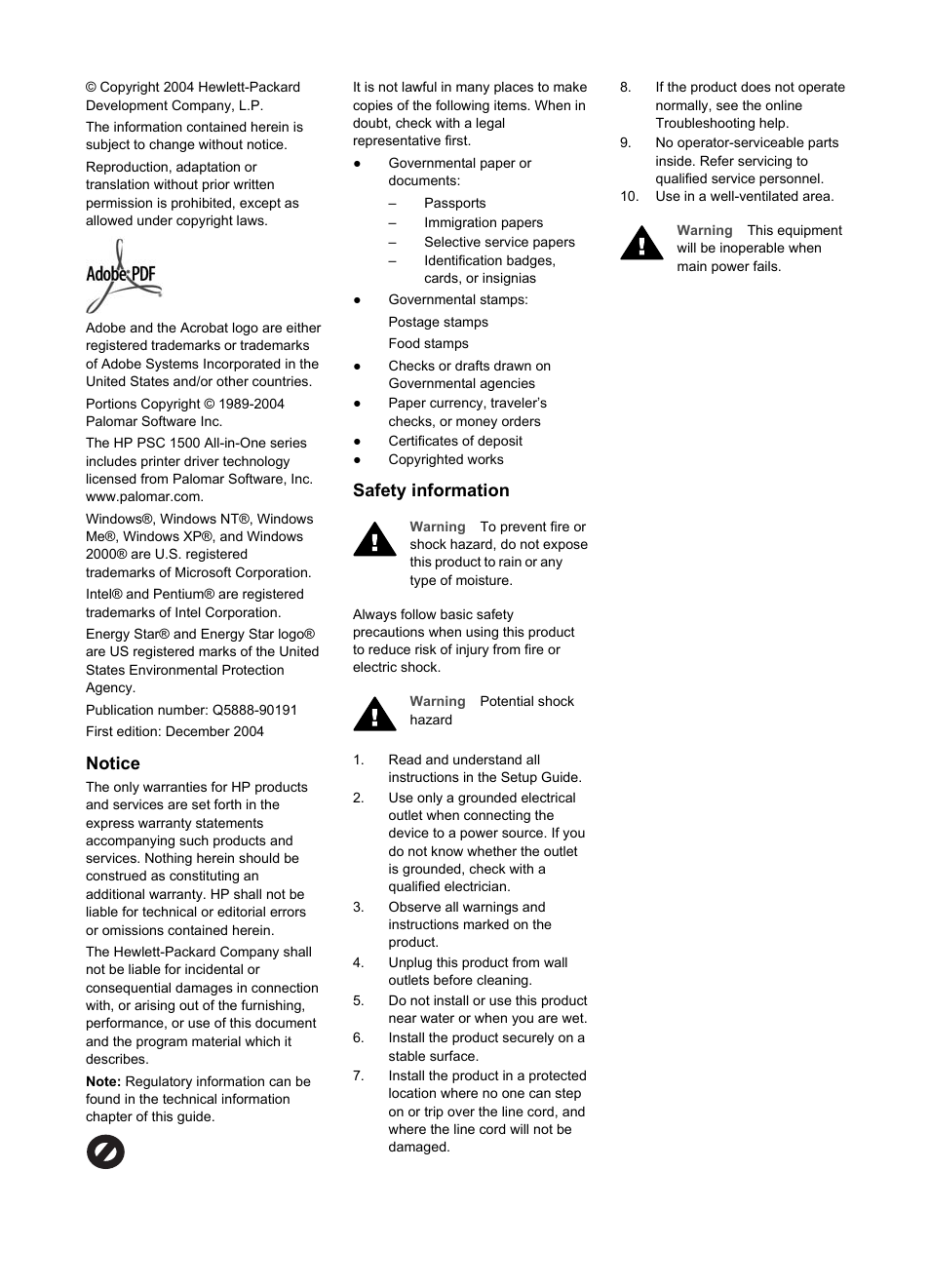 Notice, Safety information | HP PSC 1510xi All-in-One Printer User Manual | Page 3 / 96