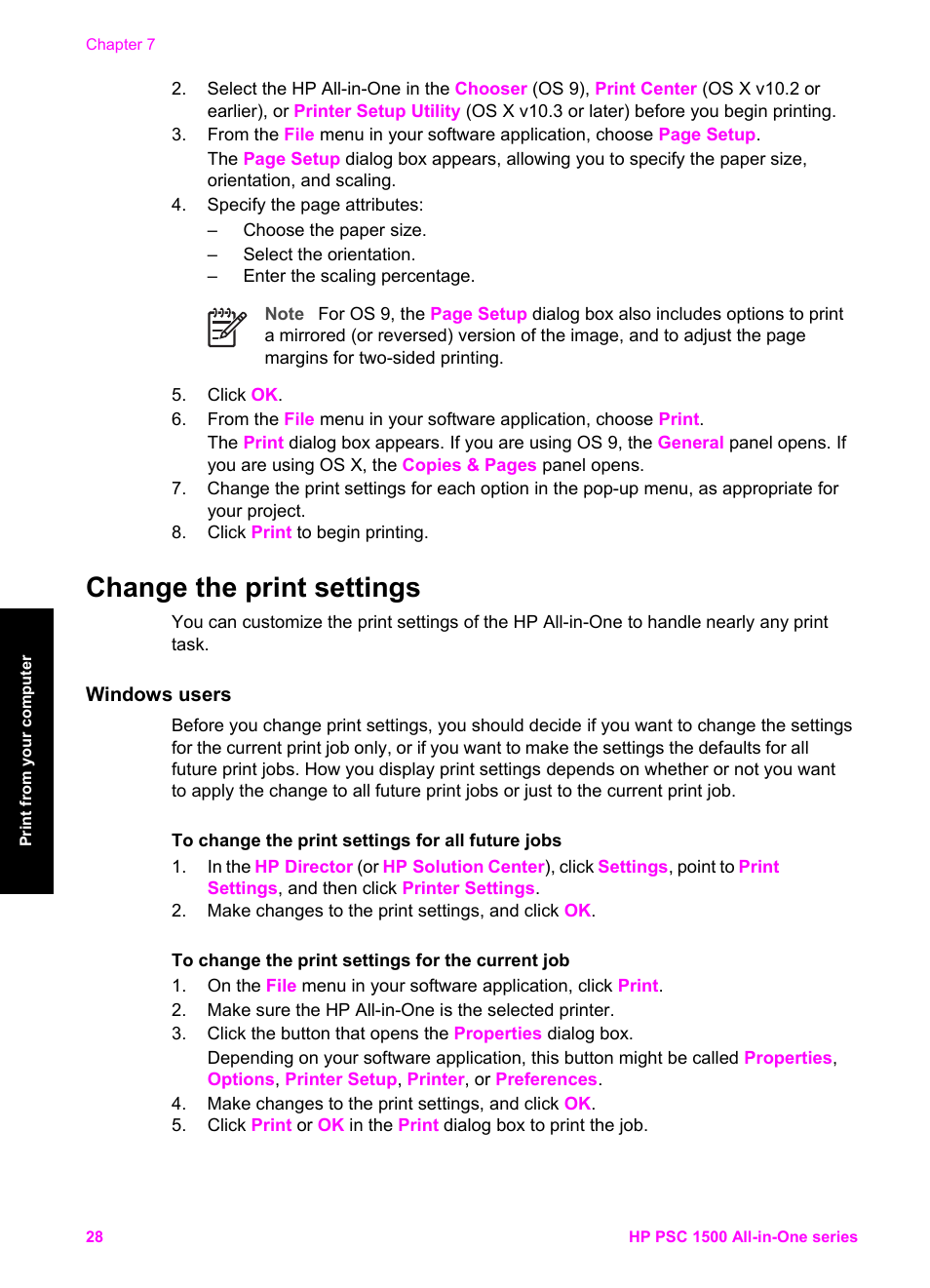 Change the print settings, Windows users | HP PSC 1510xi All-in-One Printer User Manual | Page 31 / 96