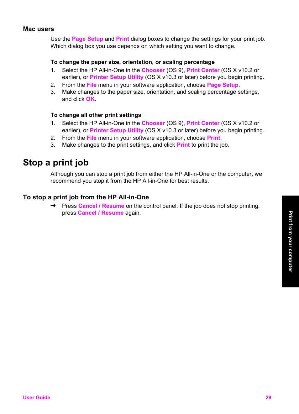 Mac users, Stop a print job, To stop a print job from the hp all-in-one | HP PSC 1510xi All-in-One Printer User Manual | Page 32 / 96