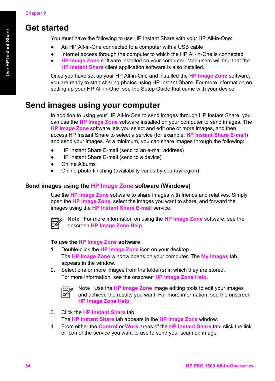 Get started, Send images using your computer, Get started send images using your computer | HP PSC 1510xi All-in-One Printer User Manual | Page 37 / 96