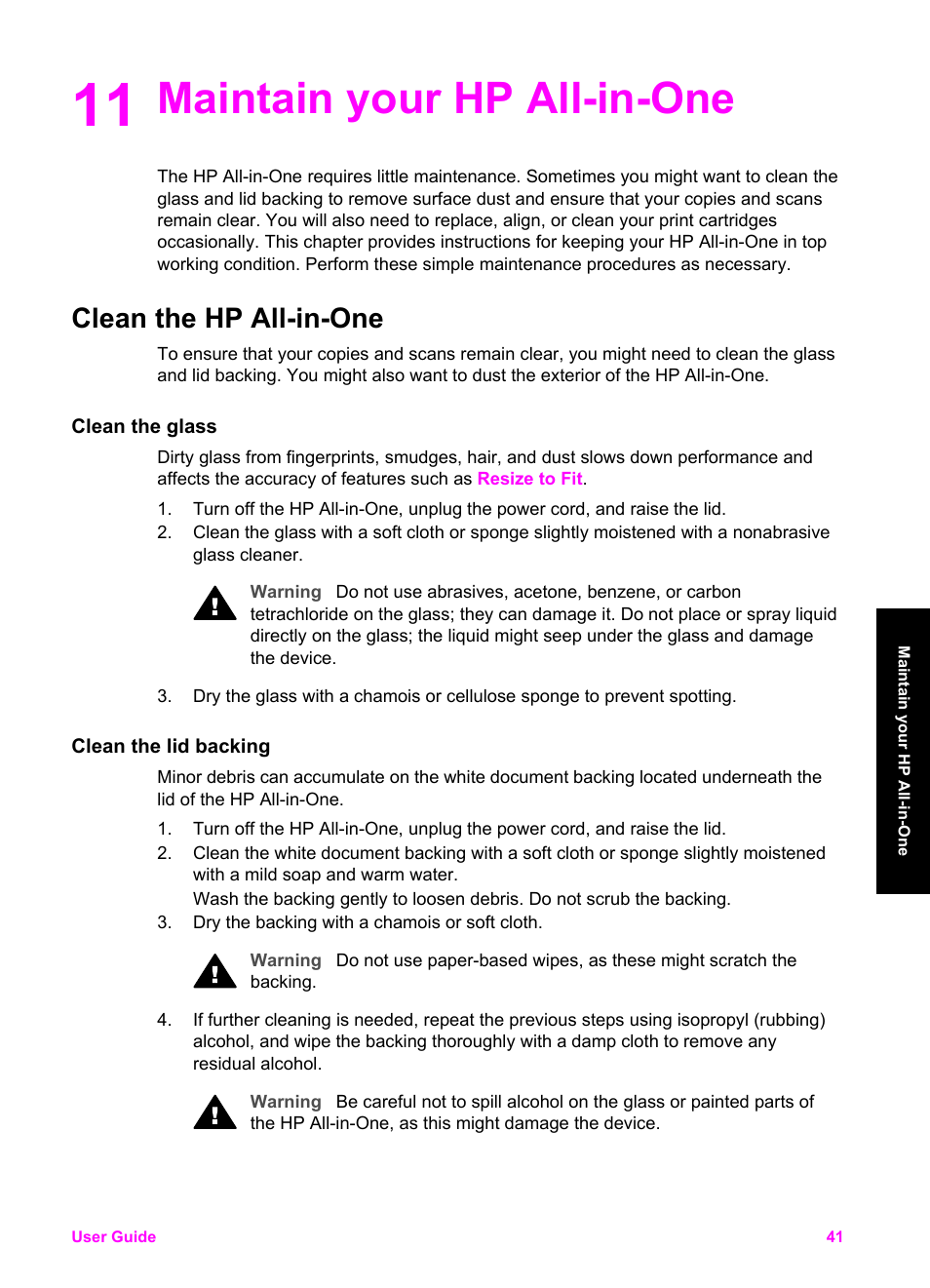 Maintain your hp all-in-one, Clean the hp all-in-one, Clean the glass | Clean the lid backing, 11 maintain your hp all-in-one | HP PSC 1510xi All-in-One Printer User Manual | Page 44 / 96