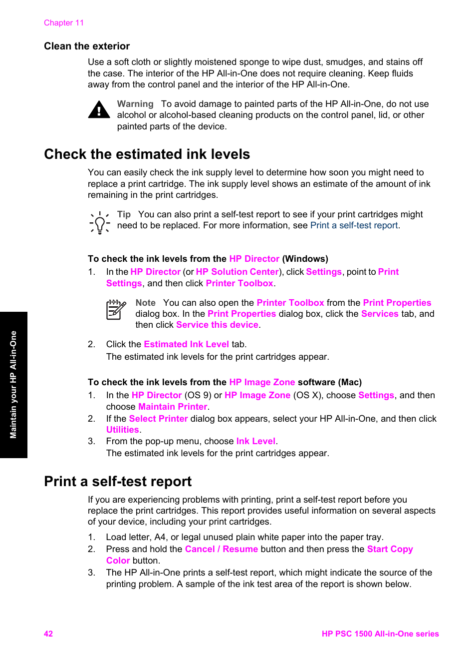 Clean the exterior, Check the estimated ink levels, Print a self-test report | HP PSC 1510xi All-in-One Printer User Manual | Page 45 / 96