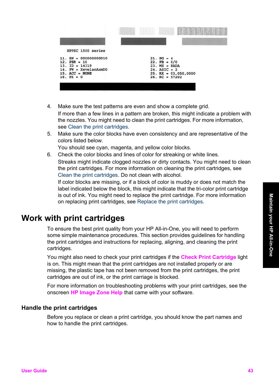 Work with print cartridges, Handle the print cartridges | HP PSC 1510xi All-in-One Printer User Manual | Page 46 / 96