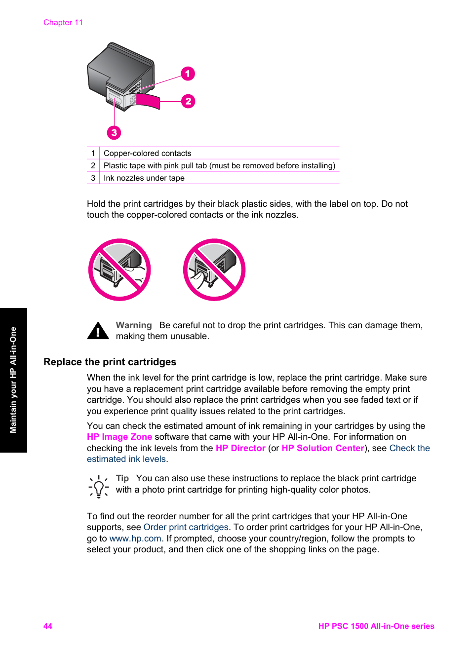 Replace the print cartridges | HP PSC 1510xi All-in-One Printer User Manual | Page 47 / 96