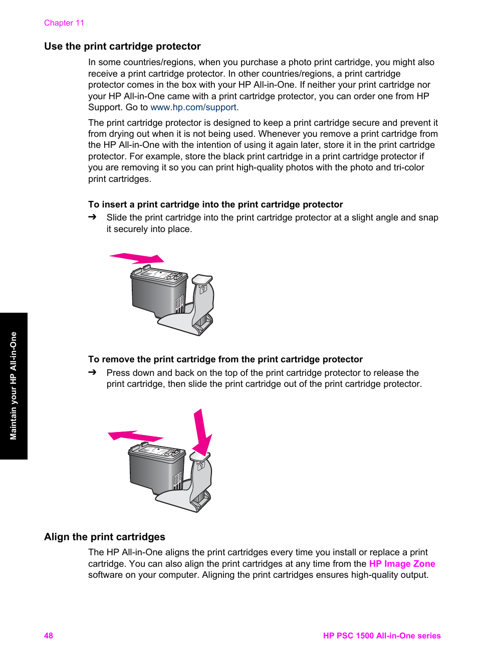 Use the print cartridge protector, Align the print cartridges, Use the print | Cartridge protector | HP PSC 1510xi All-in-One Printer User Manual | Page 51 / 96