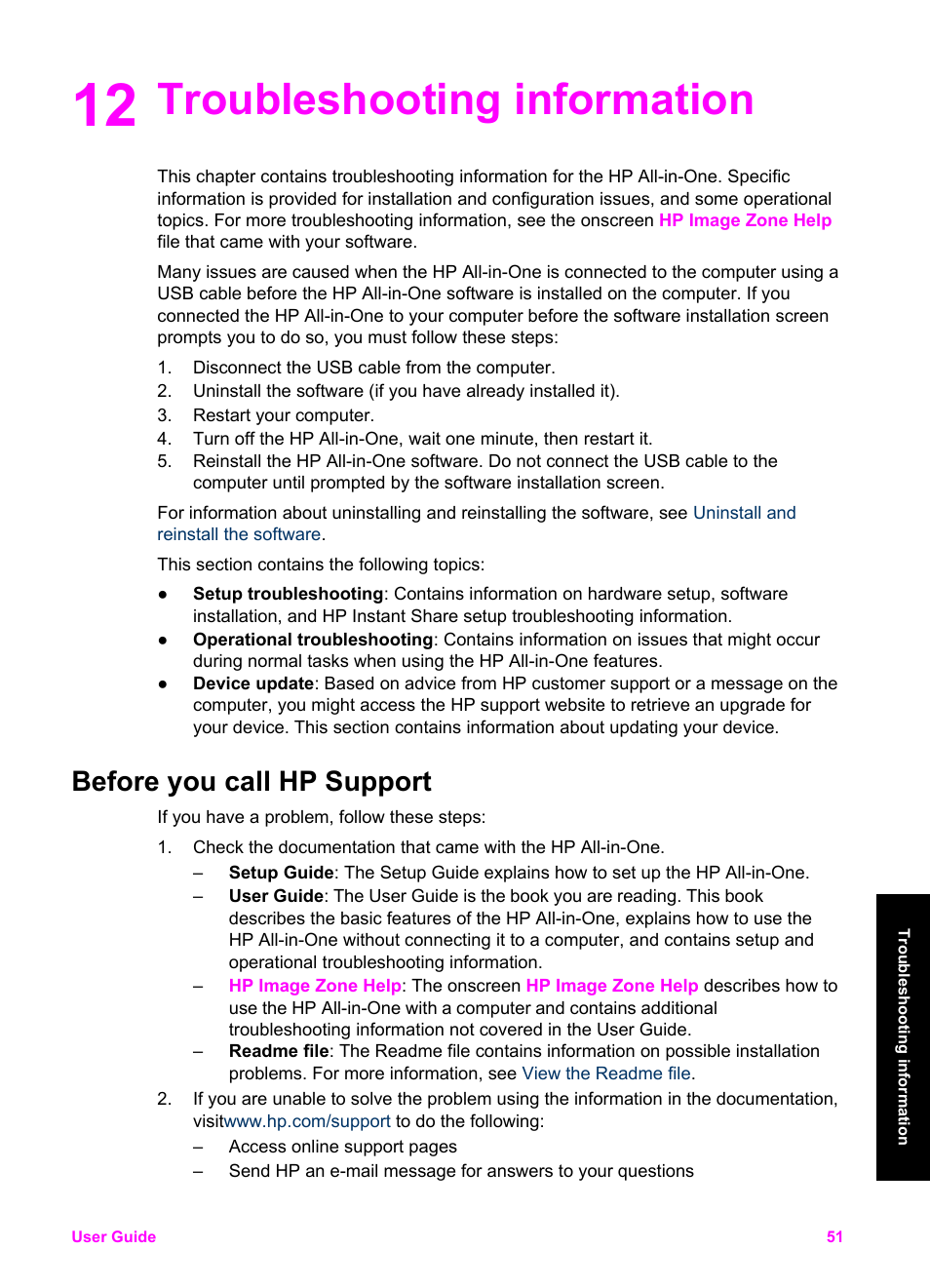 Troubleshooting information, Before you call hp support, 12 troubleshooting information | HP PSC 1510xi All-in-One Printer User Manual | Page 54 / 96