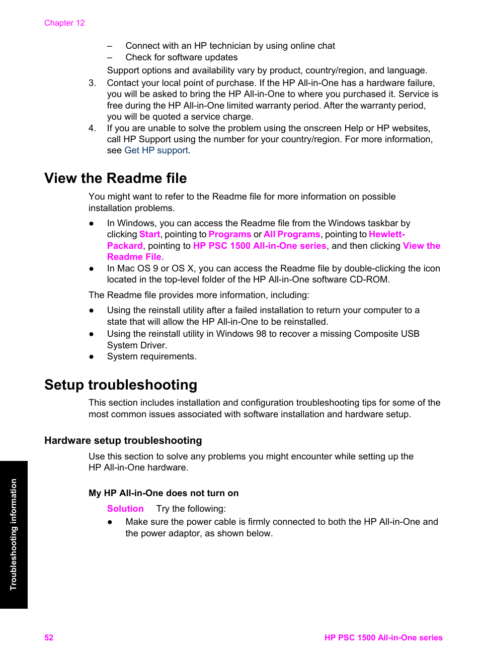 View the readme file, Setup troubleshooting, Hardware setup troubleshooting | View the readme file setup troubleshooting | HP PSC 1510xi All-in-One Printer User Manual | Page 55 / 96