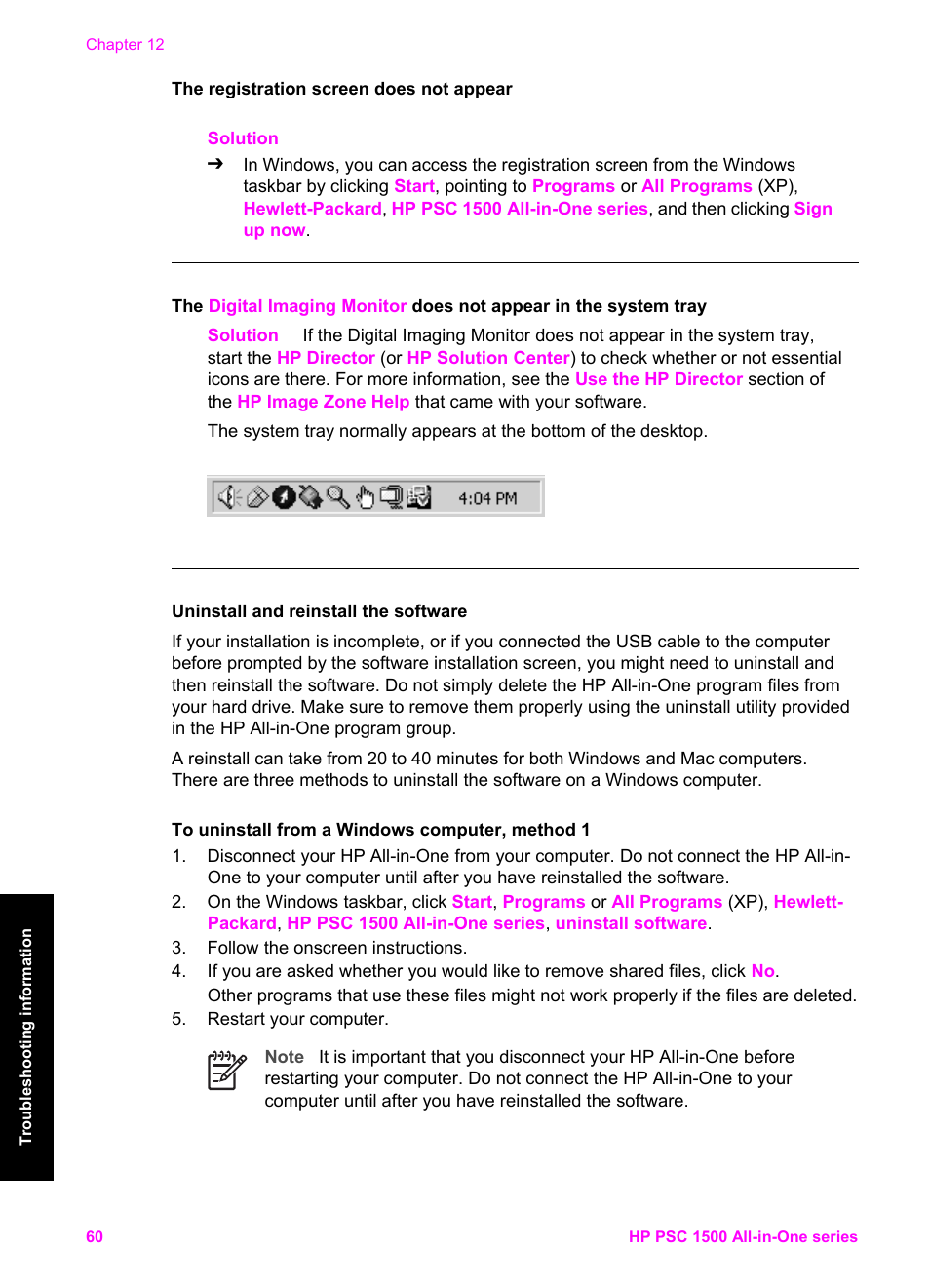 Uninstall and reinstall the software, Uninstall and, Reinstall the software | Uninstall, And reinstall the software | HP PSC 1510xi All-in-One Printer User Manual | Page 63 / 96