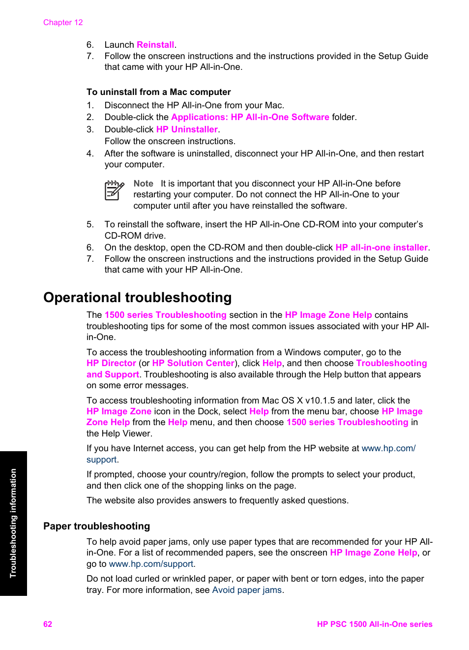 Operational troubleshooting, Paper troubleshooting, Clearing paper jams, see | HP PSC 1510xi All-in-One Printer User Manual | Page 65 / 96